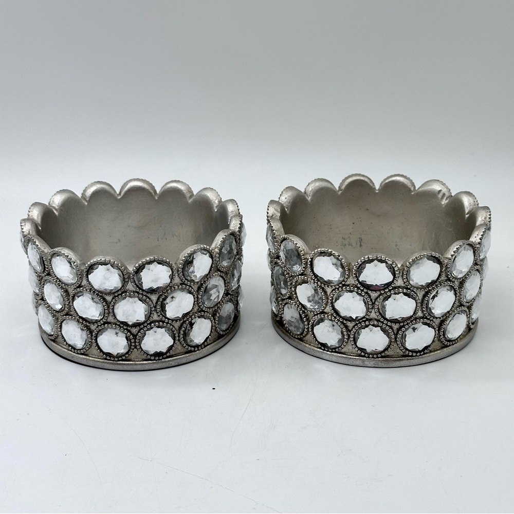Set of 2 Vintage Celebrate It Christmas Jar Candle Holders Silver Crystal Gems